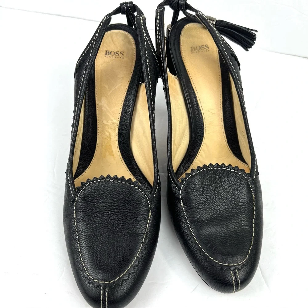 Hugo Boss Tassel Fringe Trim Leather Heels 39/8.0 Black Designer Quiet Luxury - Picture 3 of 17